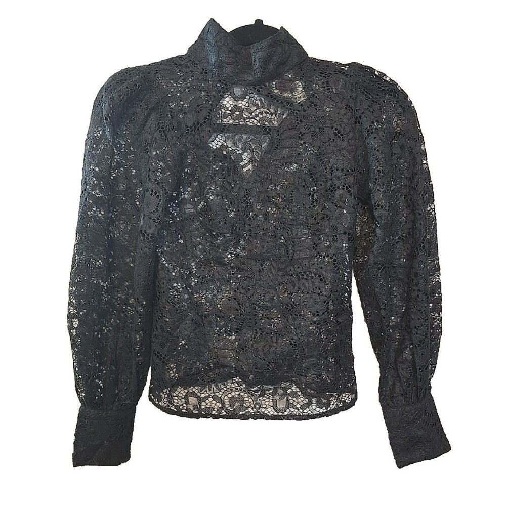 Farm Rio Black Lace blouse Balloon Sleeves Button Cuffs high neck size XXS New‎